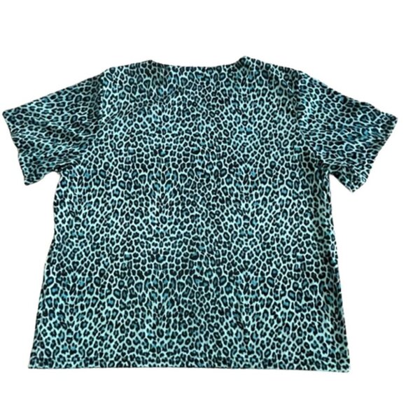 Parisian Works Animal Print blue LEOPARD scoop neck short sleeve shirt 2x - Picture 2 of 7